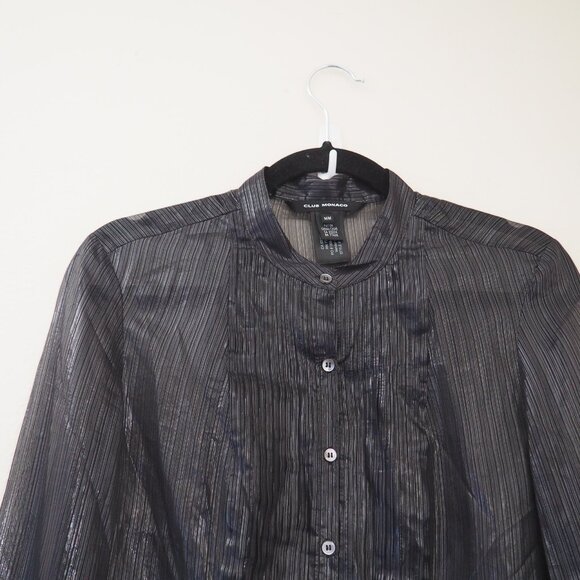 * Club Monaco Black Silk Long Sleeve Metallic Thread Sheer Pleated Detail Blouse - Picture 2 of 6